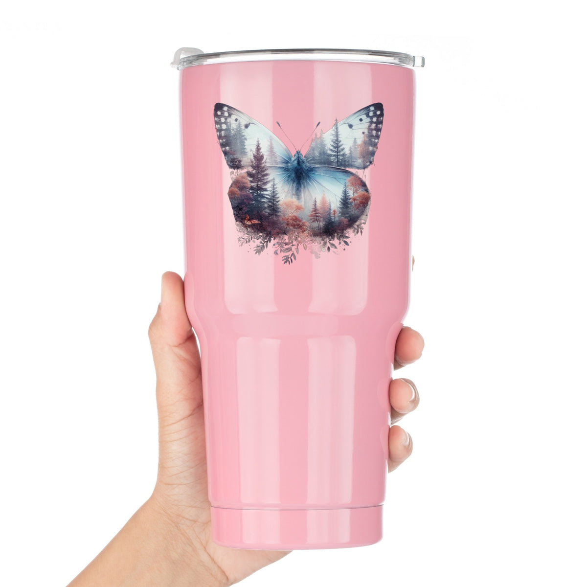 Pink Forest Butterfly UV DTF sticker applied to a pink tumbler held against a white background