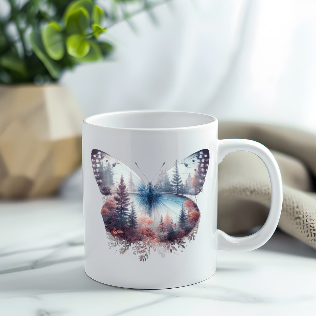 Pink Forest Butterfly UV DTF sticker applied to a white coffee mug