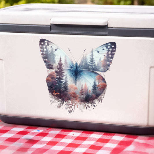 Pink Forest Butterfly UV DTF sticker applied to a white cooler on a red gingham cloth