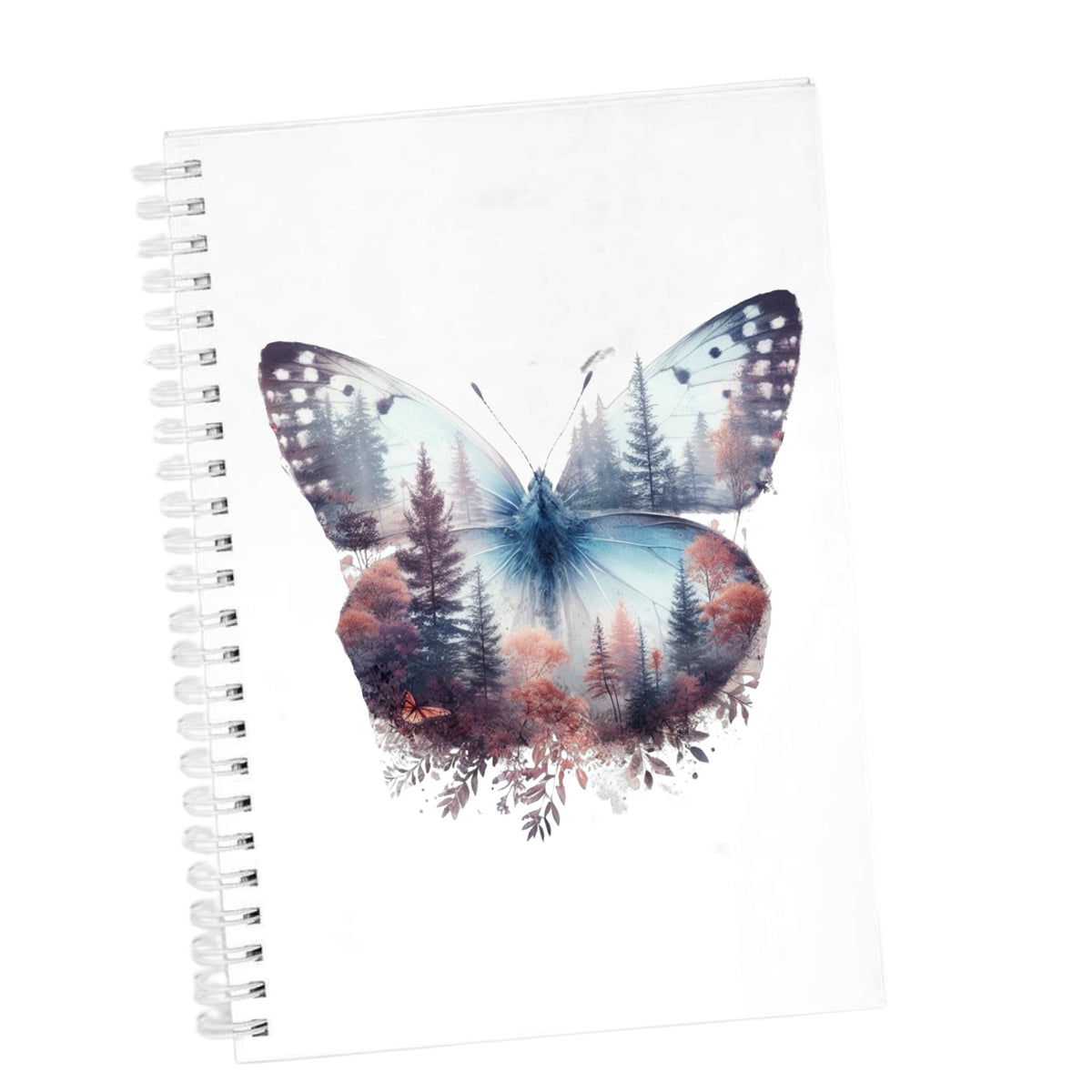 Pink Forest Butterfly UV DTF sticker applied to the cover of a white spiral journal