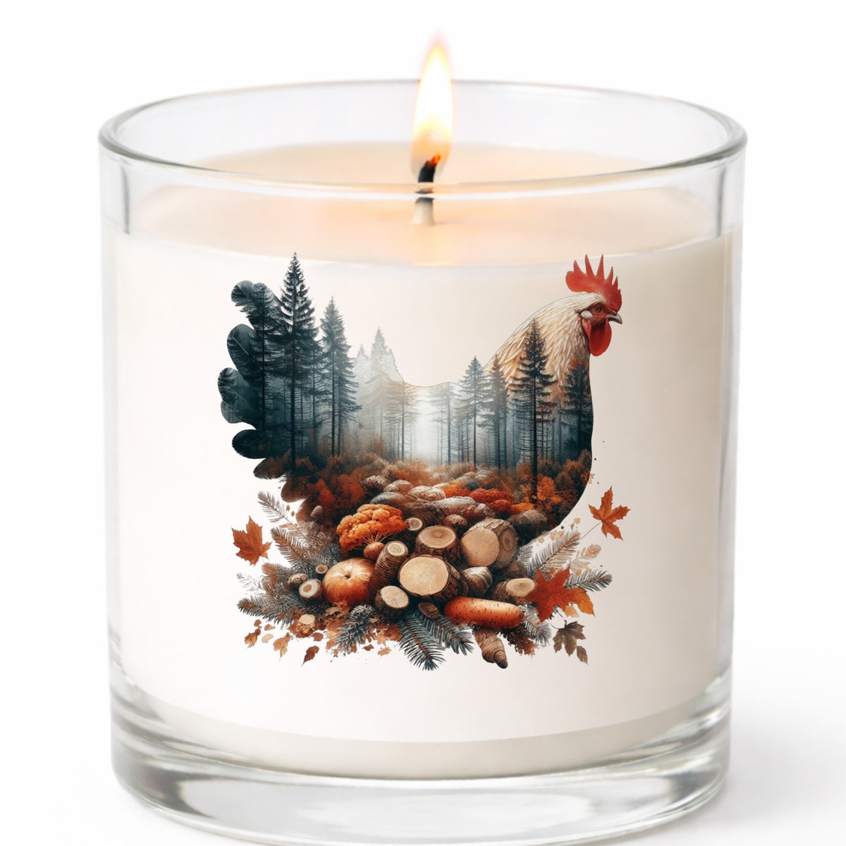 Autumn Chicken UV DTF sticker applied to a white candle in a clear glass jar