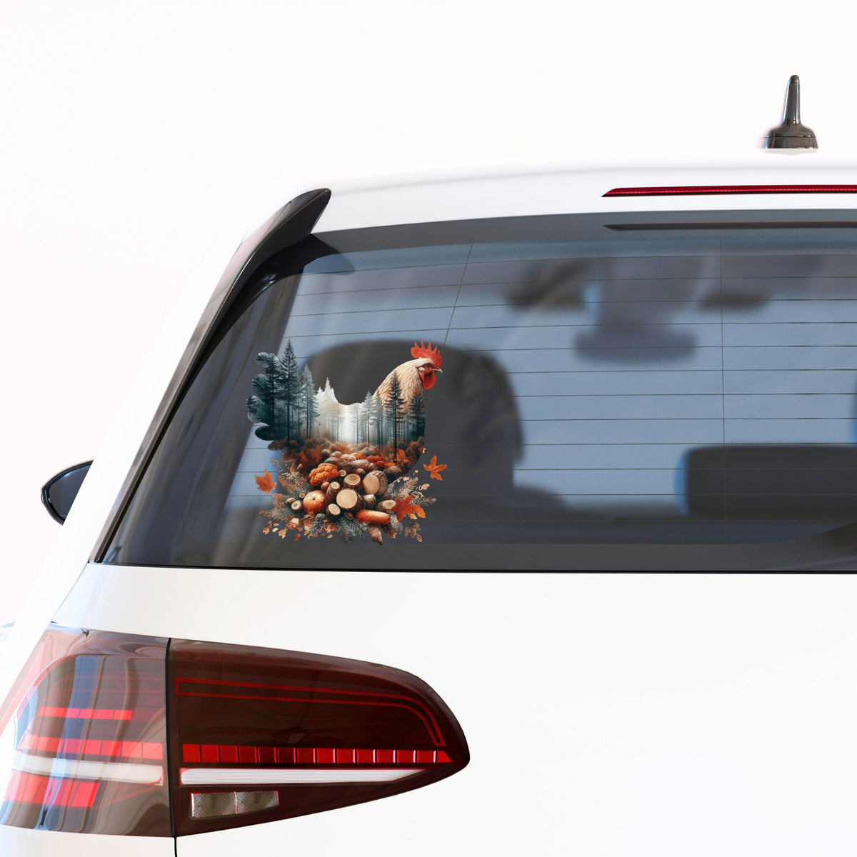 Autumn Chicken UV DTF sticker applied to the rear window of a white car