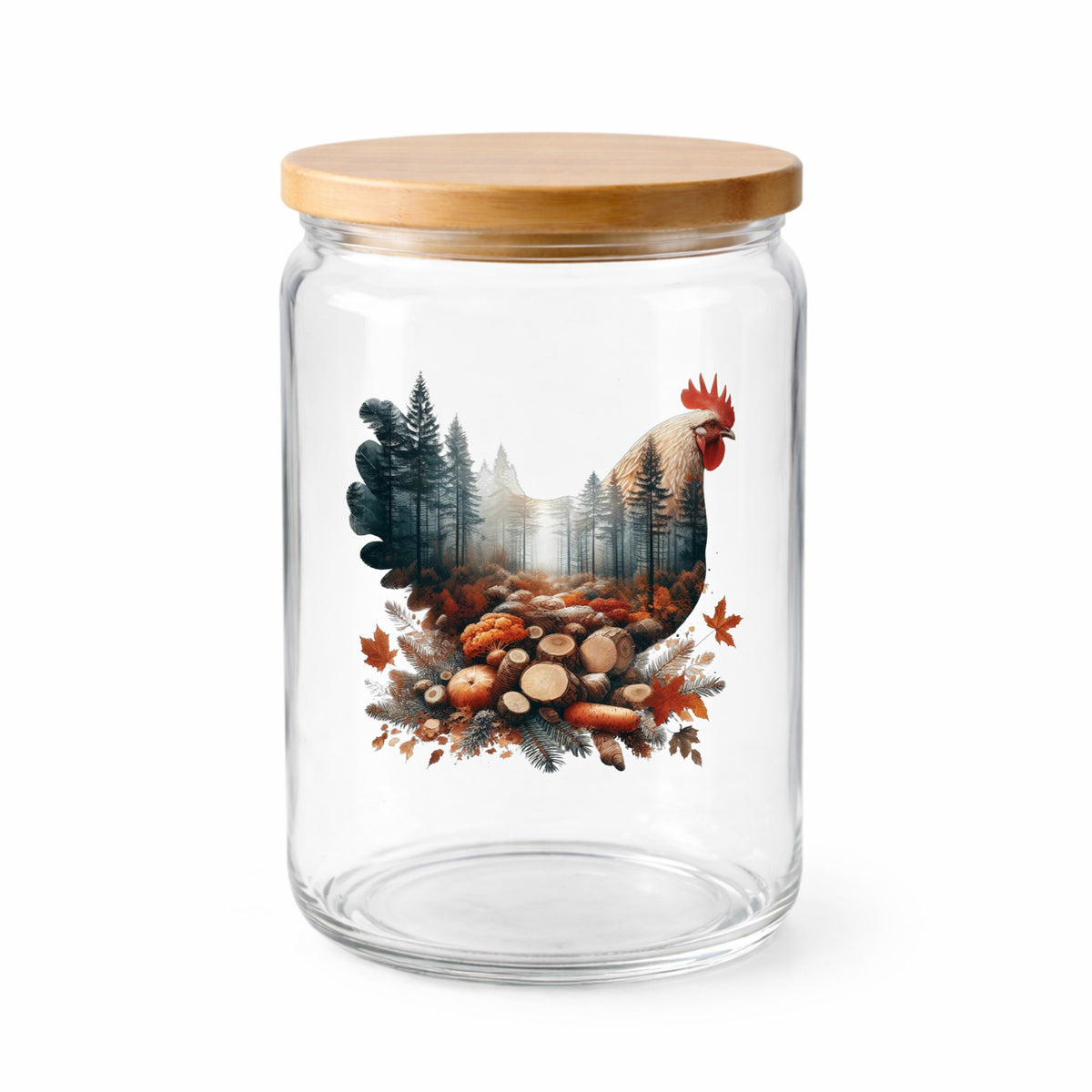 Autumn Chicken UV DTF sticker applied to a clear glass jar with a wooden lid