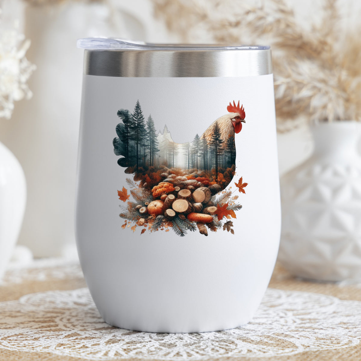 Autumn Chicken UV DTF sticker applied to a white stemless tumbler with a lid