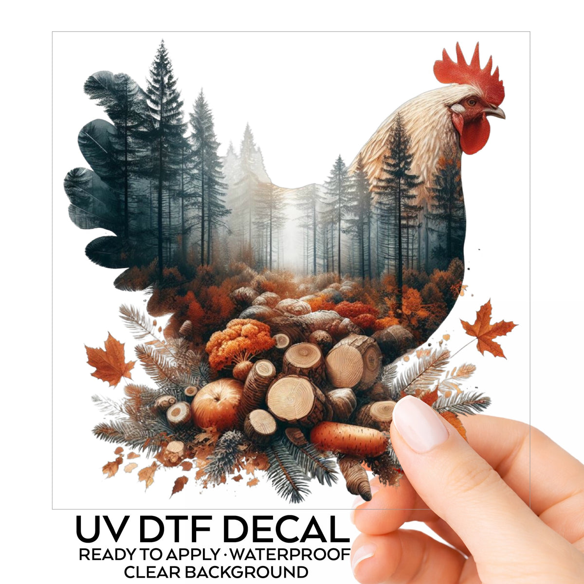 Autumn Chicken UV DTF sticker on its backing card, held in hand