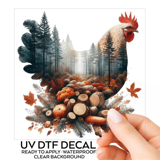 Autumn Chicken UV DTF sticker on its backing card, held in hand