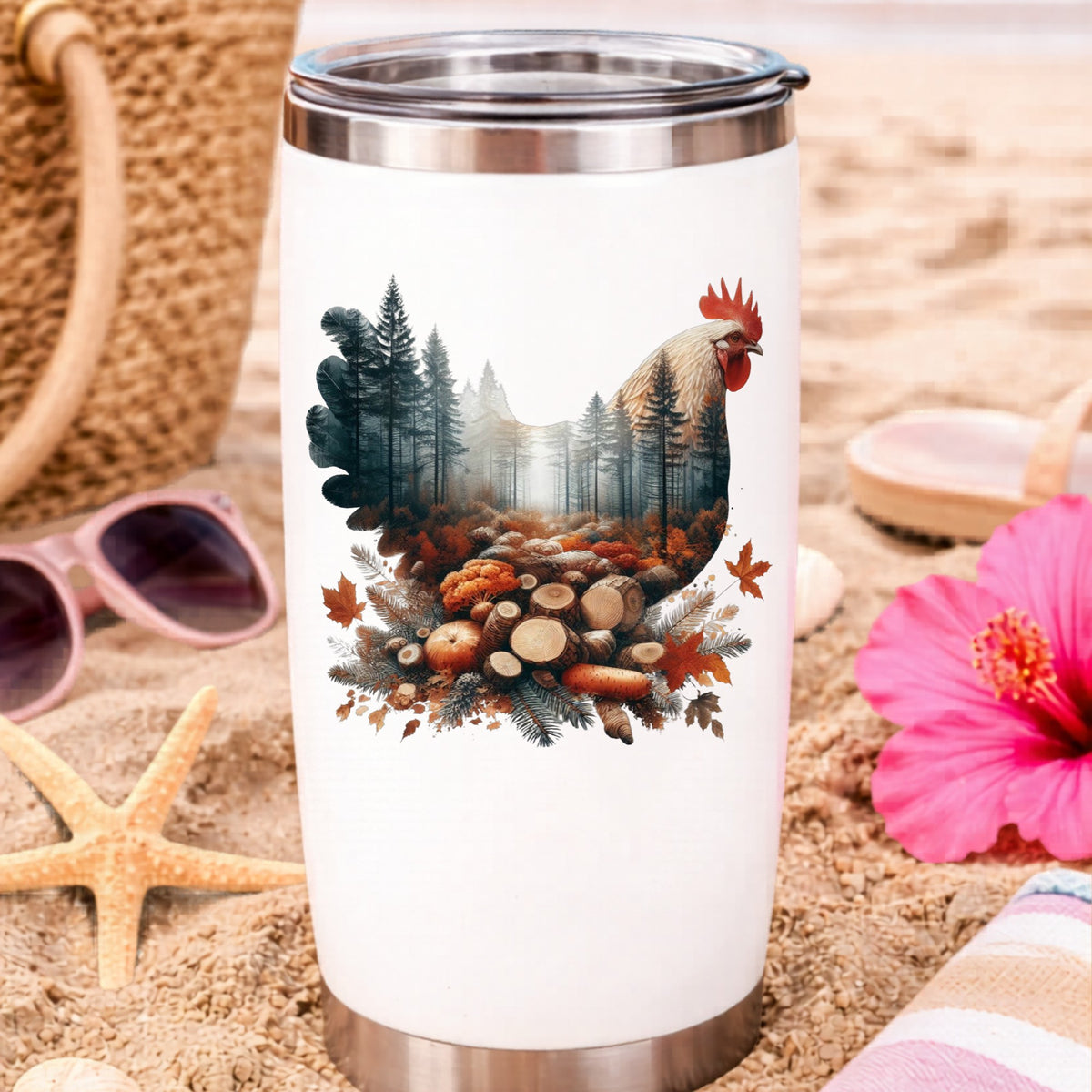 Autumn Chicken UV DTF sticker applied to a white travel tumbler on beach sand