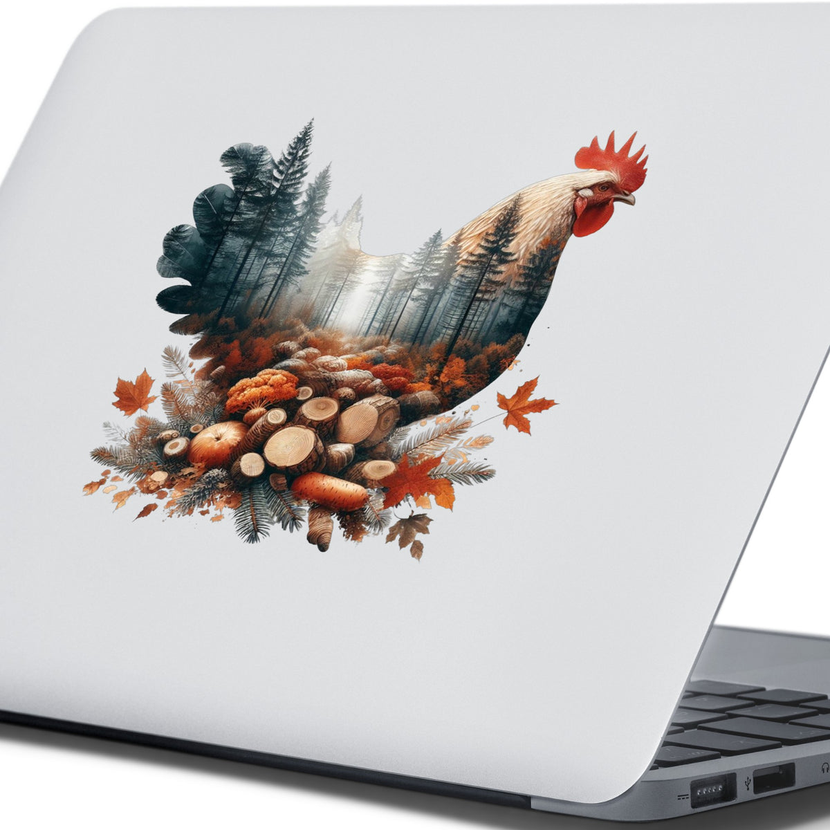 Autumn Chicken UV DTF sticker applied to the lid of a silver laptop