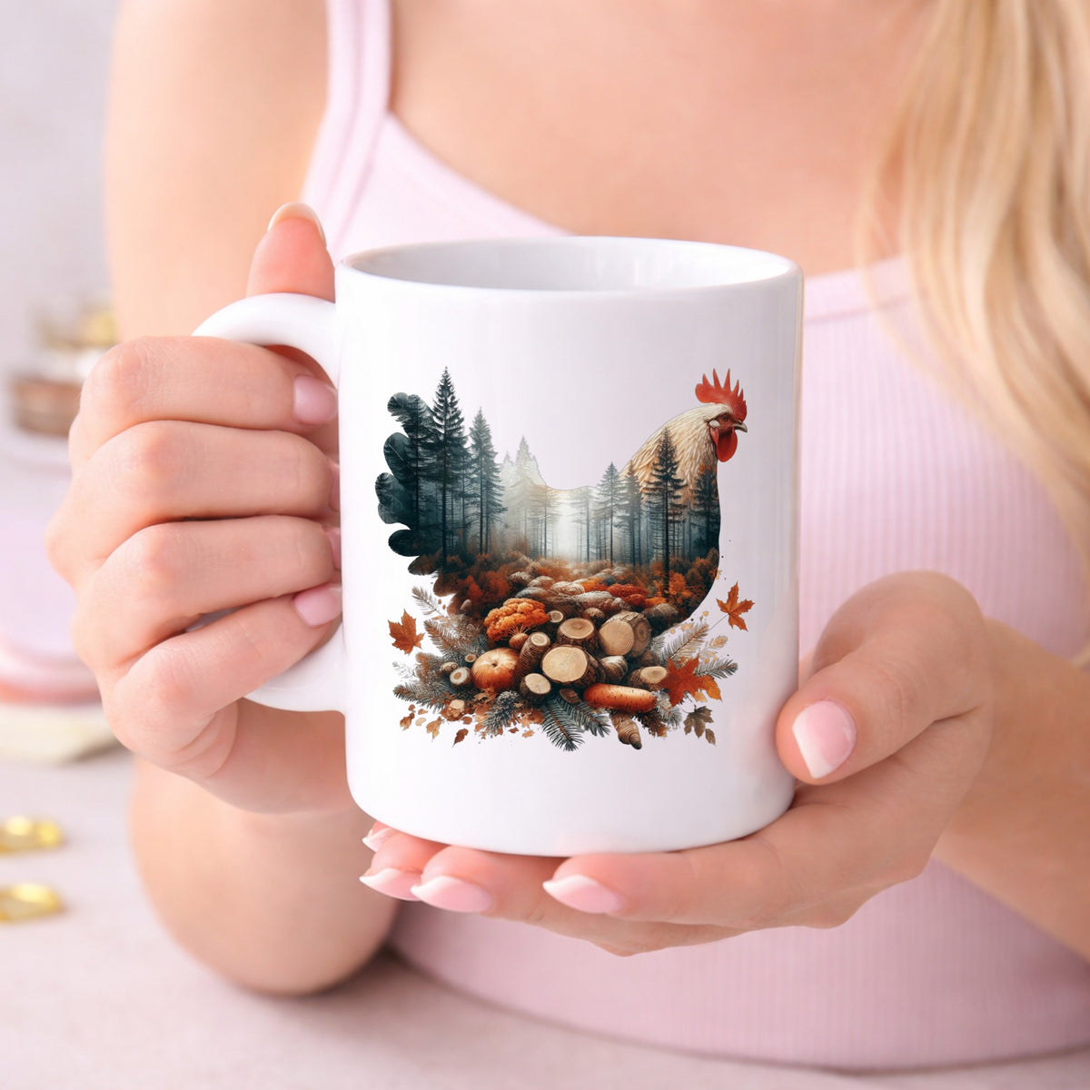 Autumn Chicken UV DTF sticker applied to a white coffee mug held in both hands