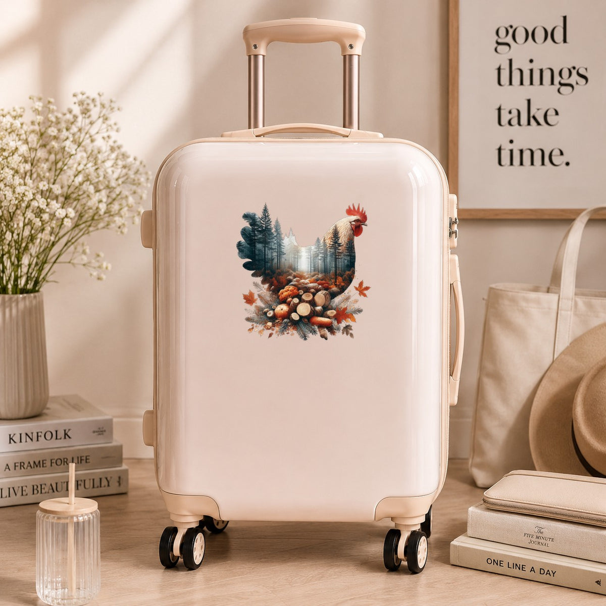 Autumn Chicken UV DTF sticker applied to a cream carry-on suitcase