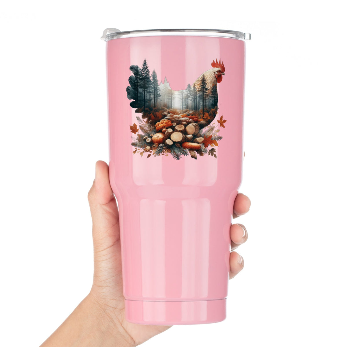 Autumn Chicken UV DTF sticker applied to a pink tumbler held against a white background
