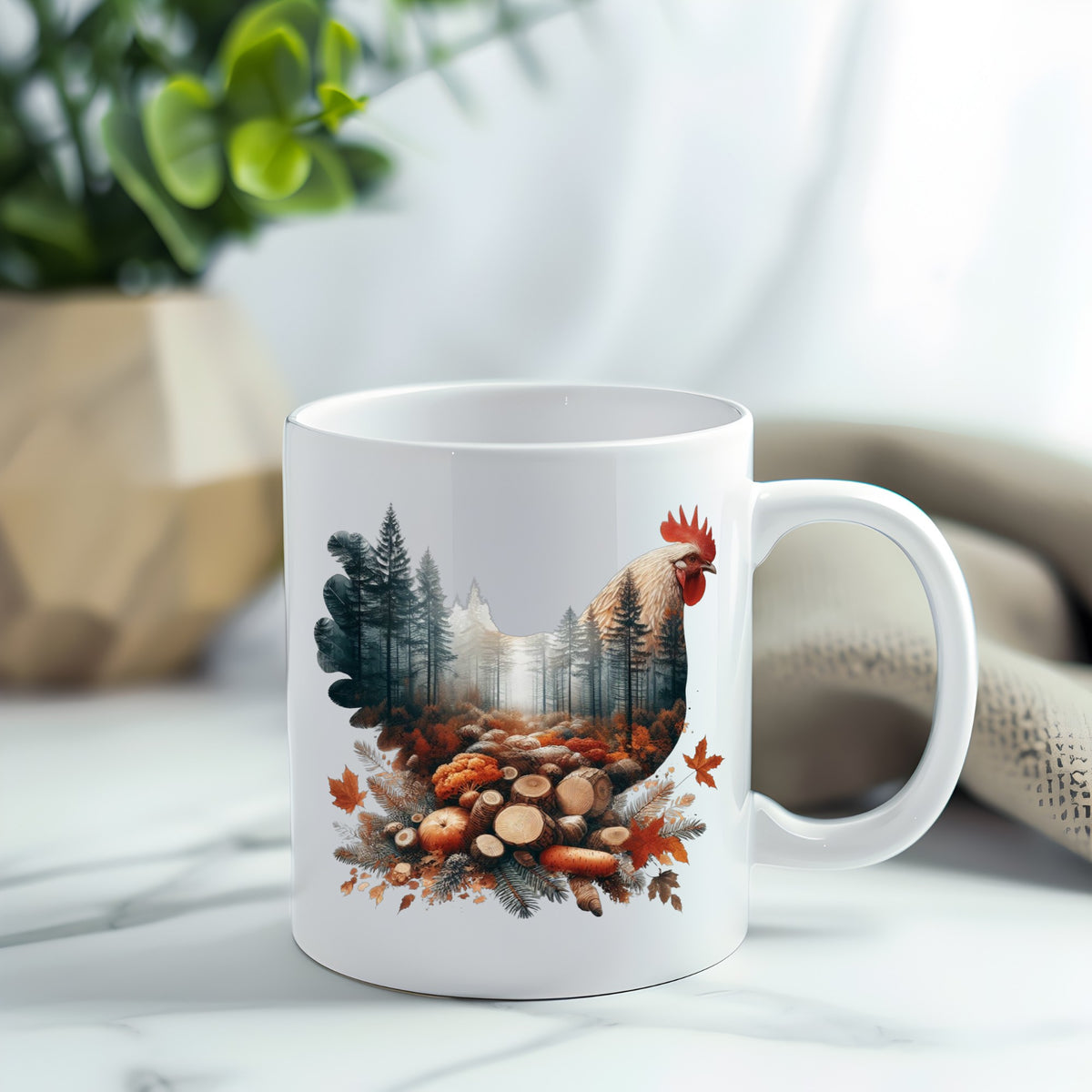 Autumn Chicken UV DTF sticker applied to a white coffee mug