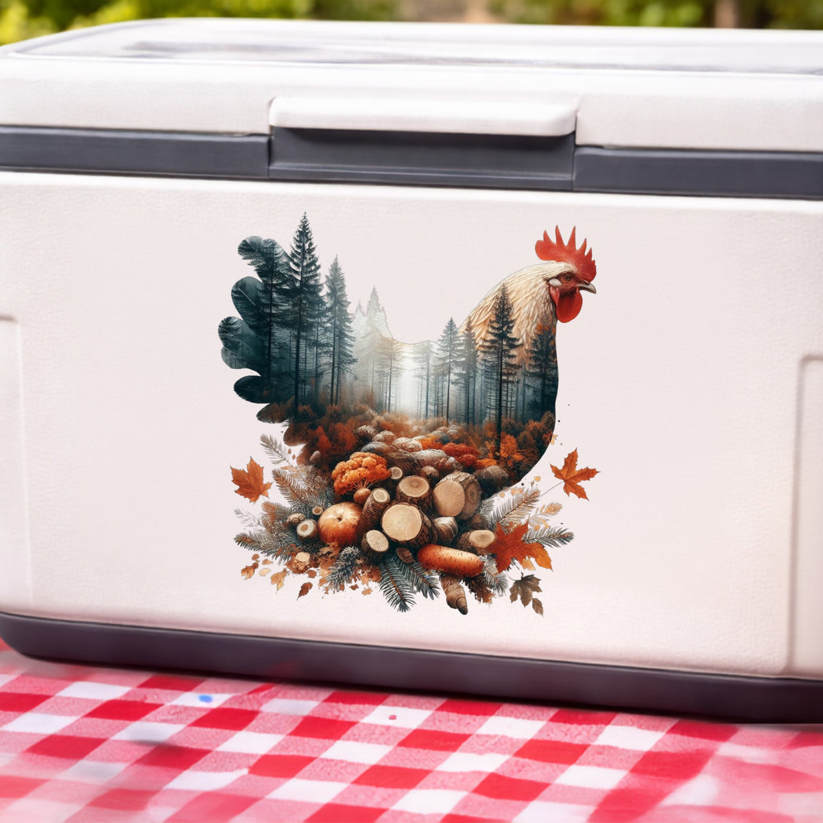 Autumn Chicken UV DTF sticker applied to a white cooler on a red gingham cloth