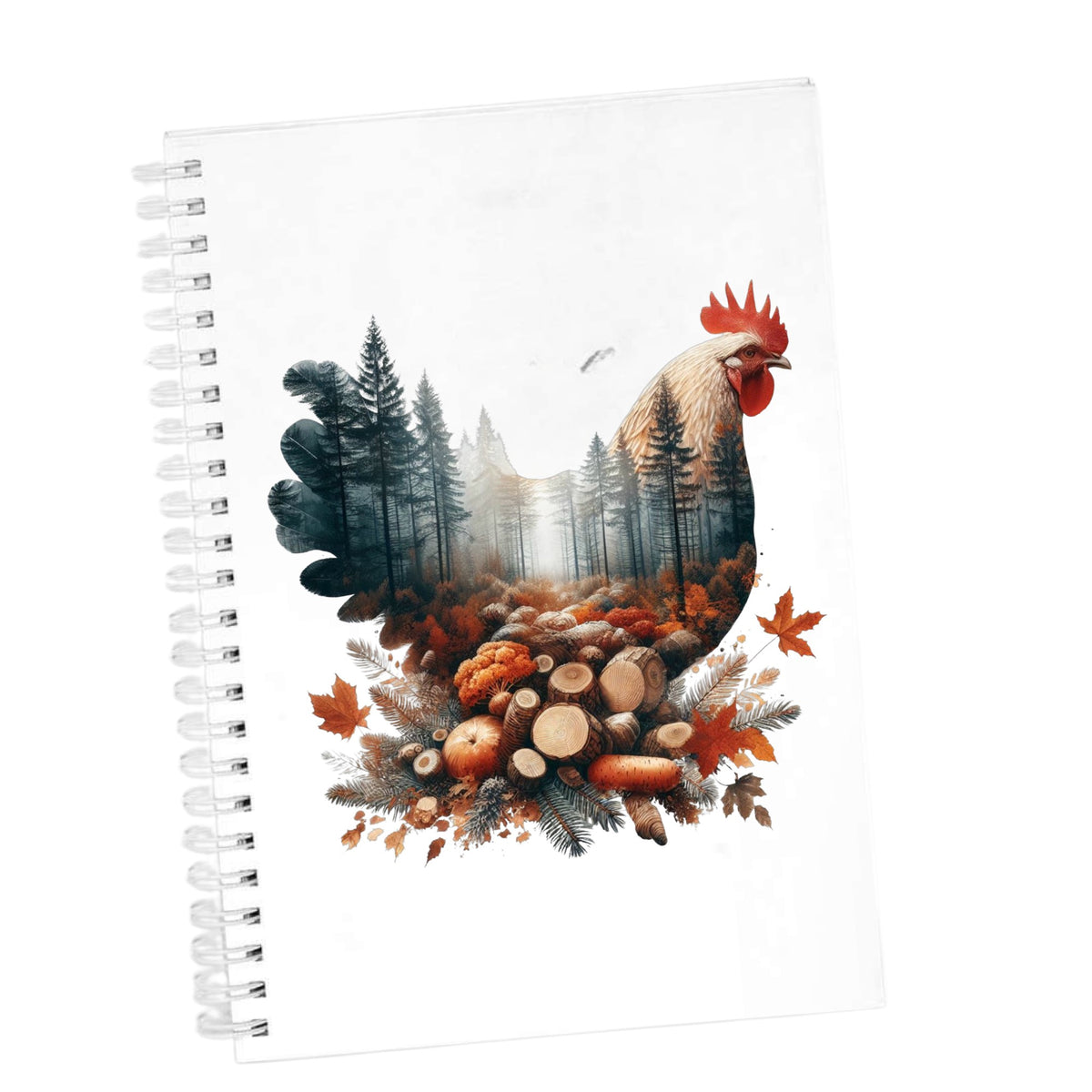 Autumn Chicken UV DTF sticker applied to the cover of a white spiral journal