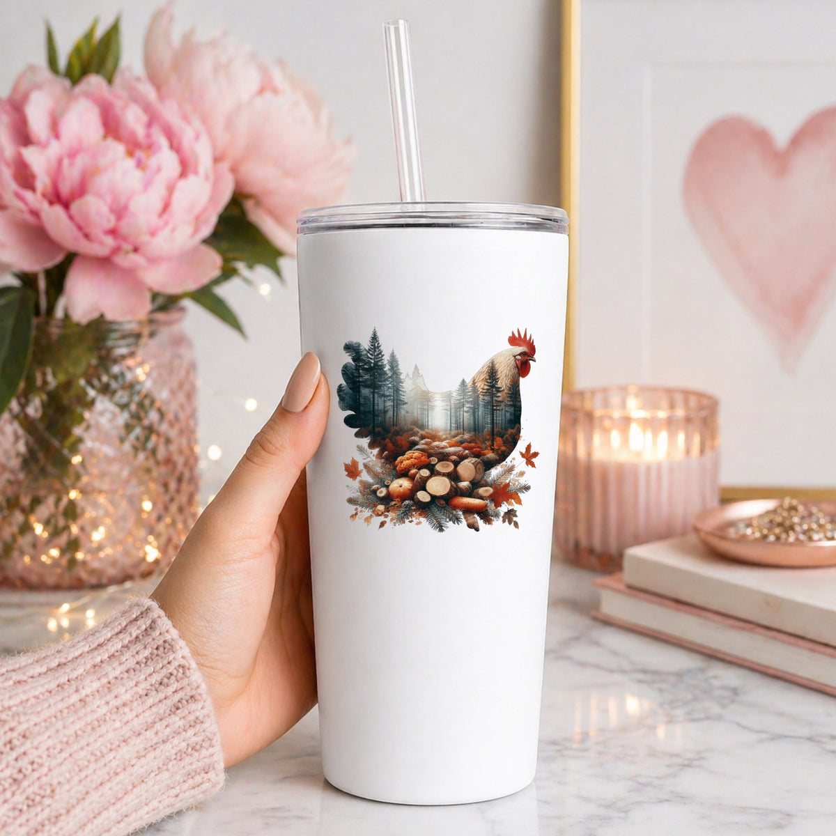 Autumn Chicken UV DTF sticker applied to a white straw tumbler beside pink peonies