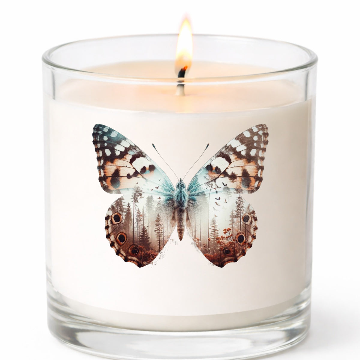 Rust Brown Butterfly UV DTF sticker applied to a white candle in a clear glass jar