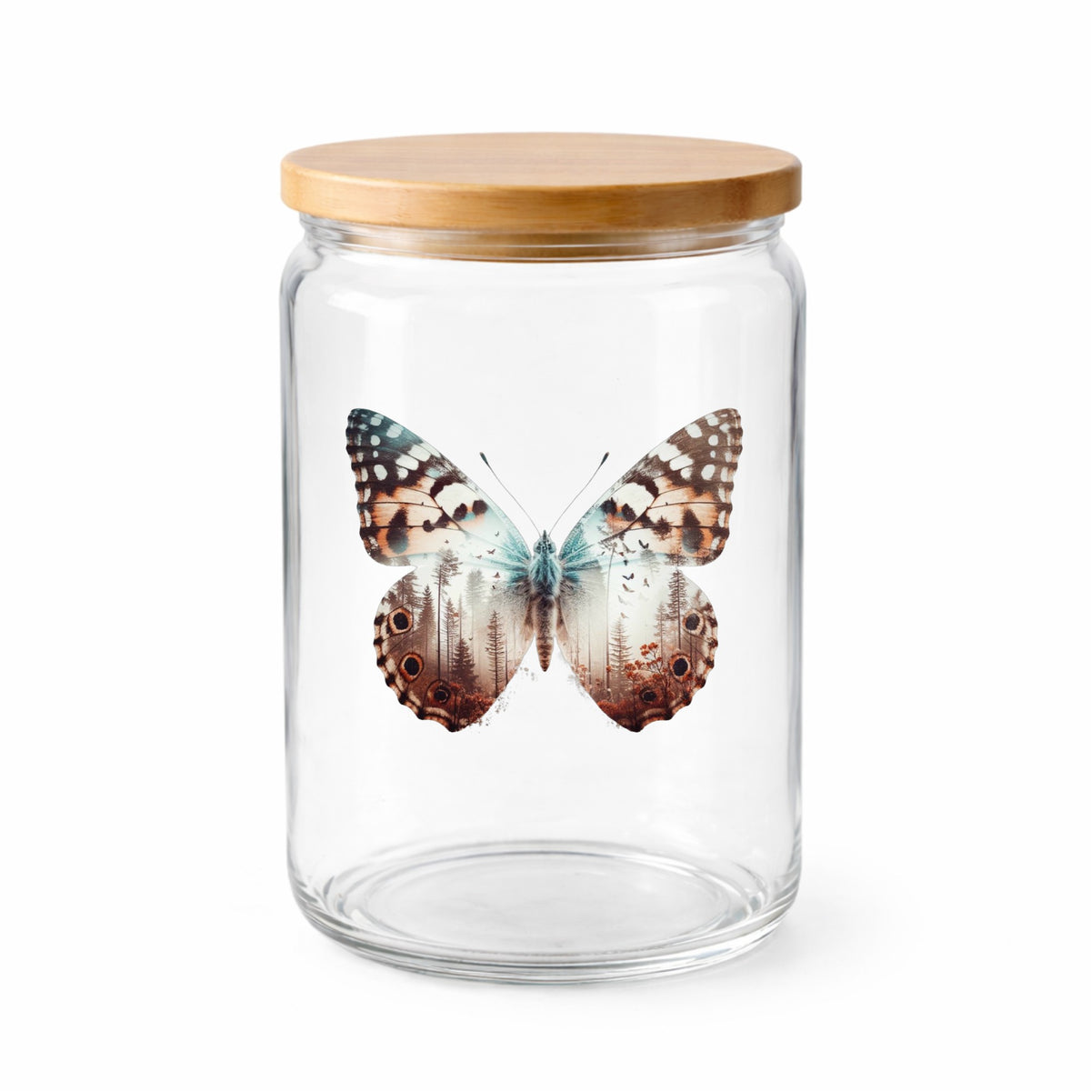 Rust Brown Butterfly UV DTF sticker applied to a clear glass jar with a wooden lid