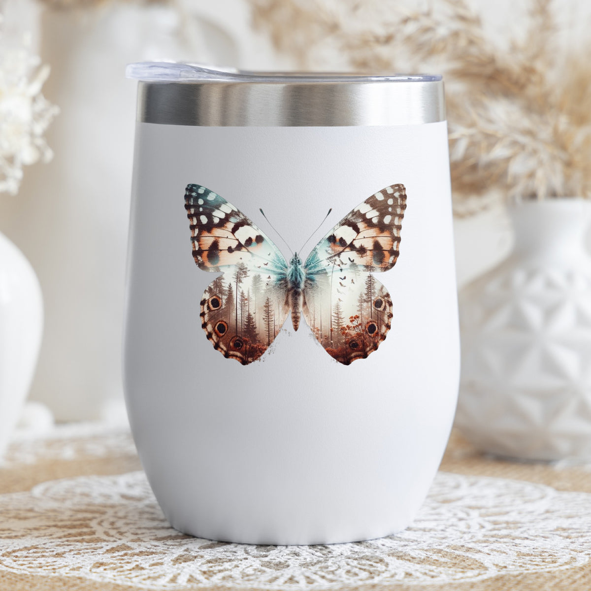 Rust Brown Butterfly UV DTF sticker applied to a white stemless tumbler with a lid