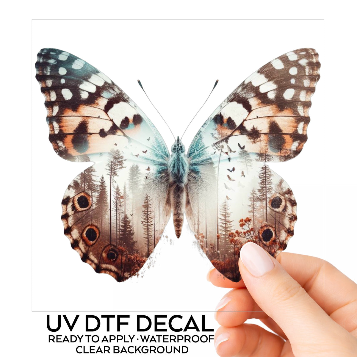 Rust Brown Butterfly UV DTF sticker on its backing card, held in hand