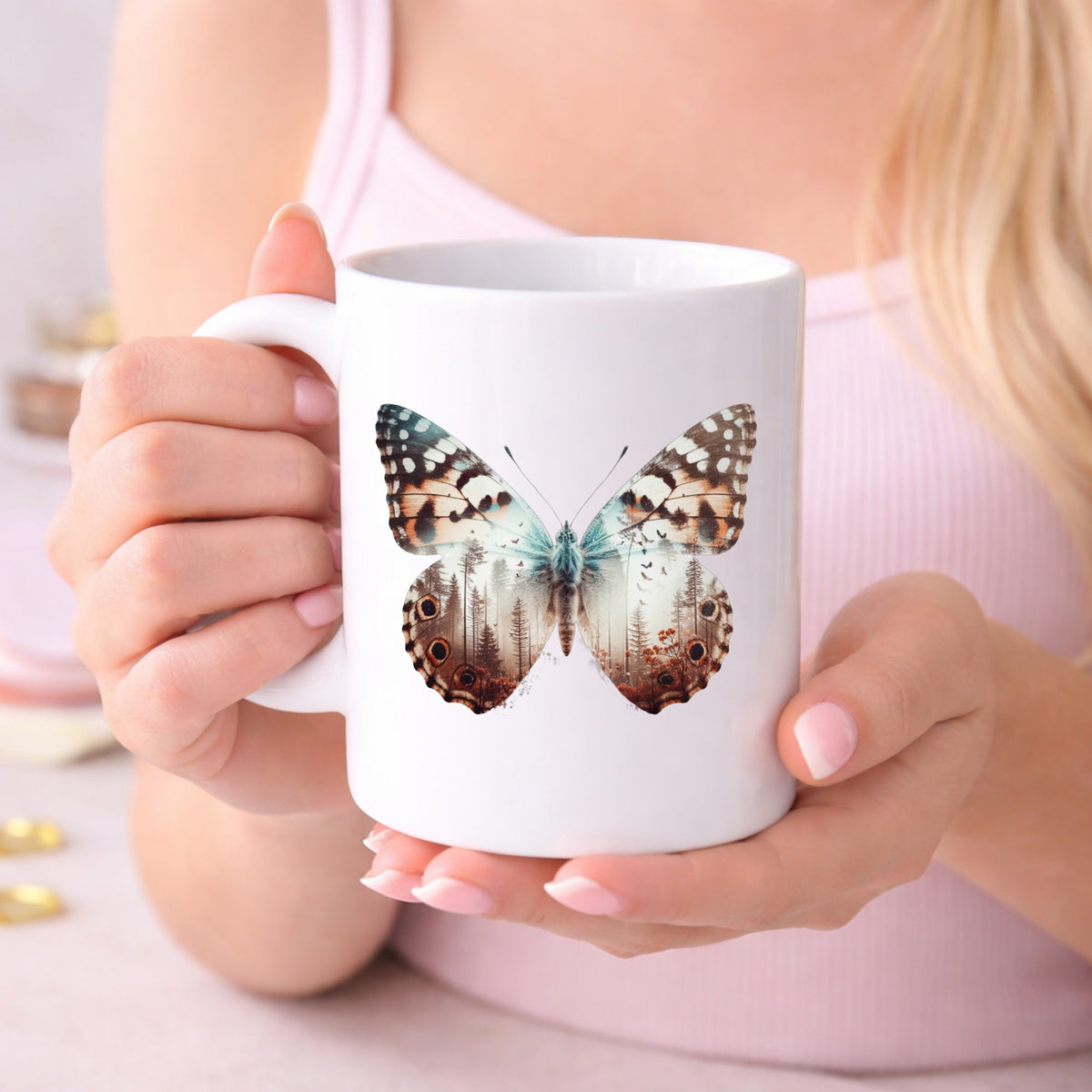 Rust Brown Butterfly UV DTF sticker applied to a white coffee mug held in both hands
