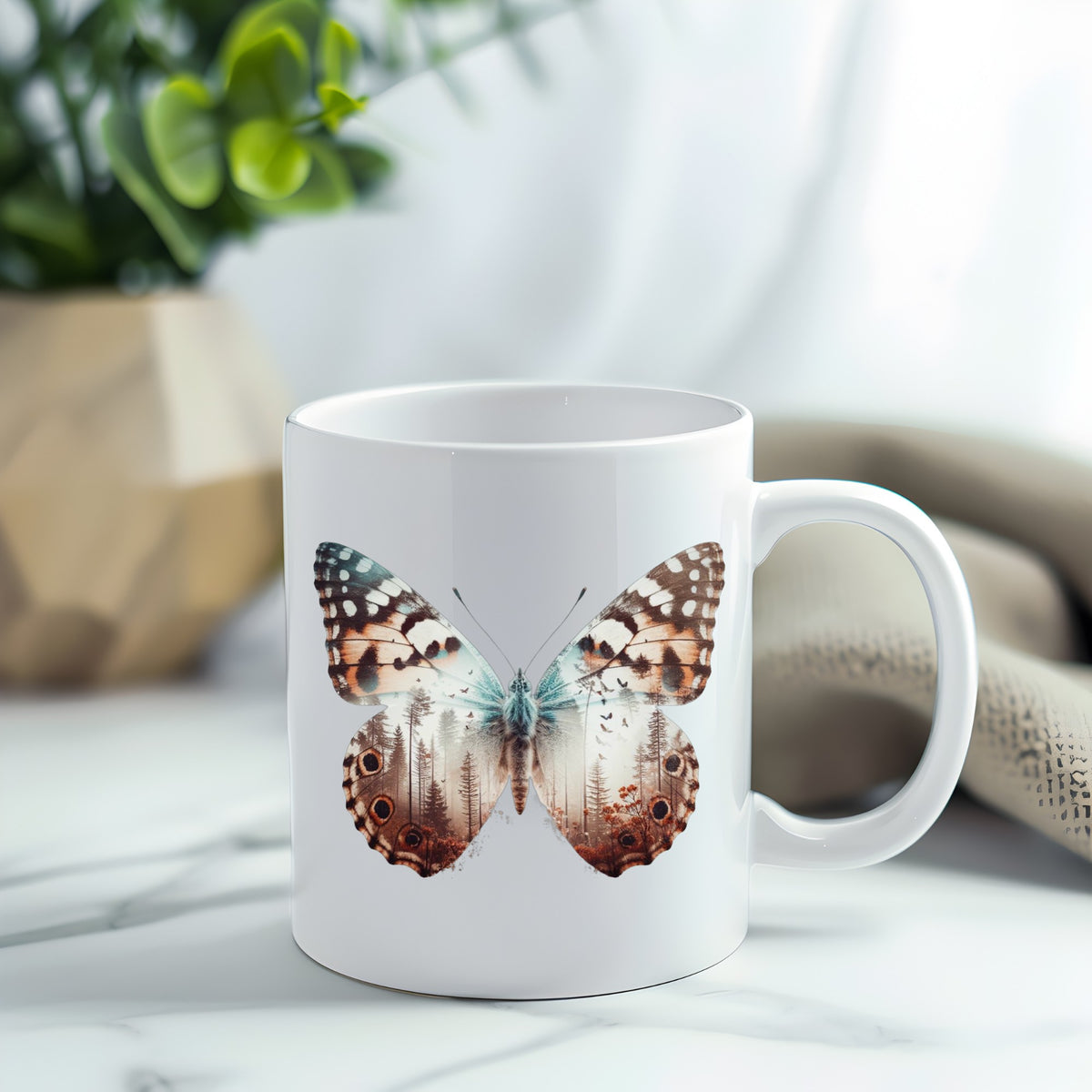 Rust Brown Butterfly UV DTF sticker applied to a white coffee mug