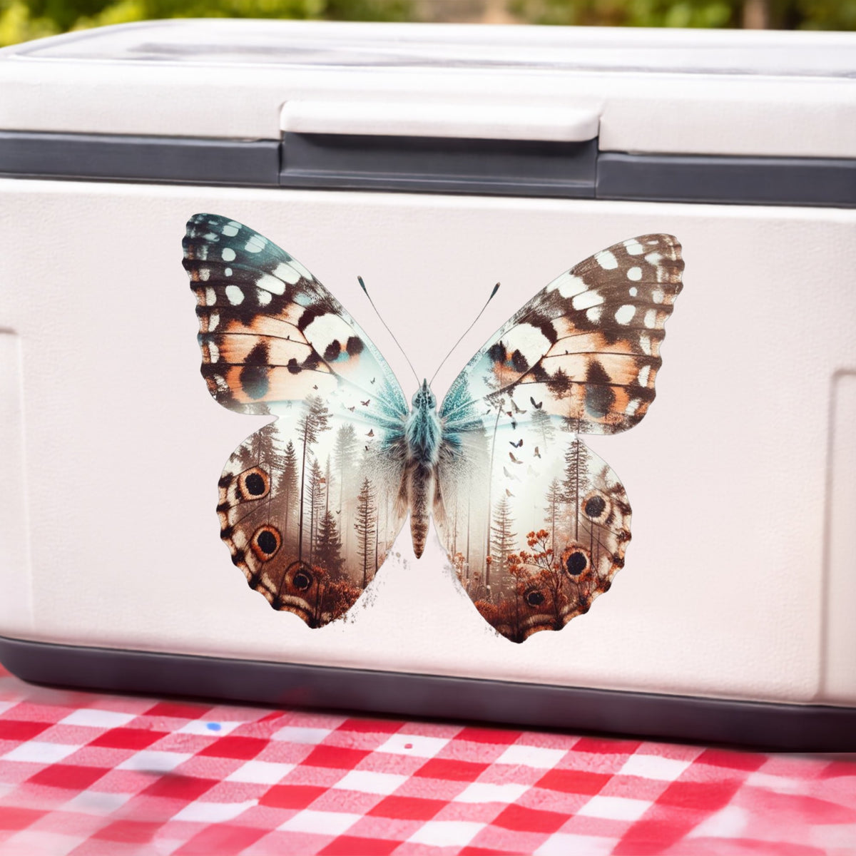 Rust Brown Butterfly UV DTF sticker applied to a white cooler on a red gingham cloth