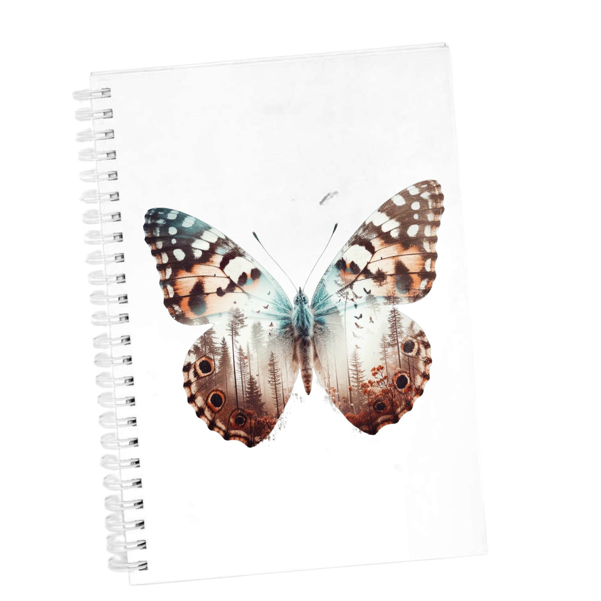 Rust Brown Butterfly UV DTF sticker applied to the cover of a white spiral journal