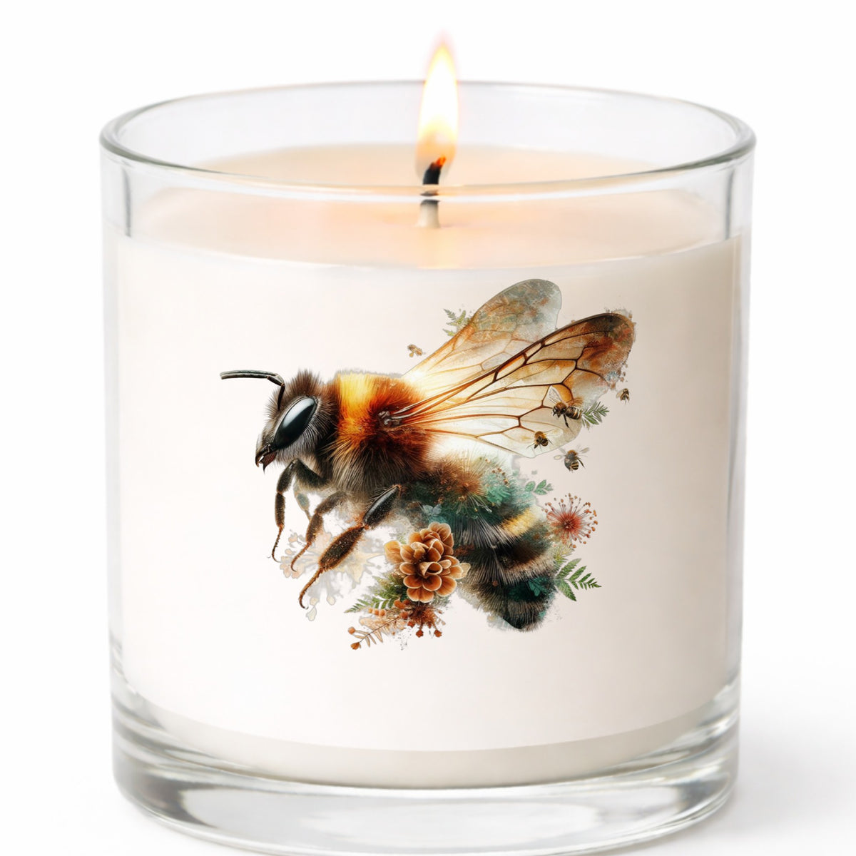 Pinecone Bumblebee UV DTF sticker applied to a white candle in a clear glass jar