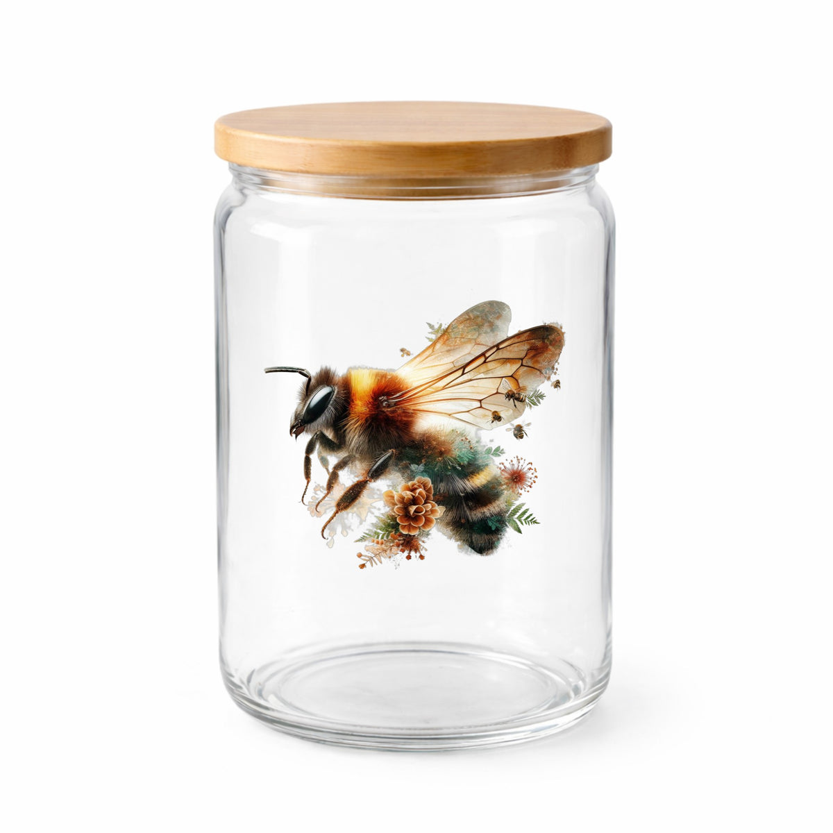 Pinecone Bumblebee UV DTF sticker applied to a clear glass jar with a wooden lid