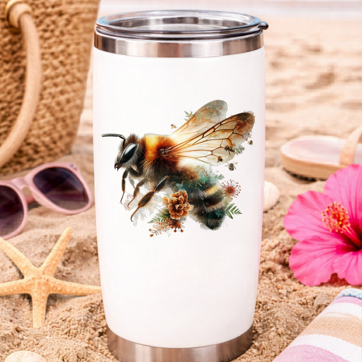 Pinecone Bumblebee UV DTF sticker applied to a white travel tumbler on beach sand