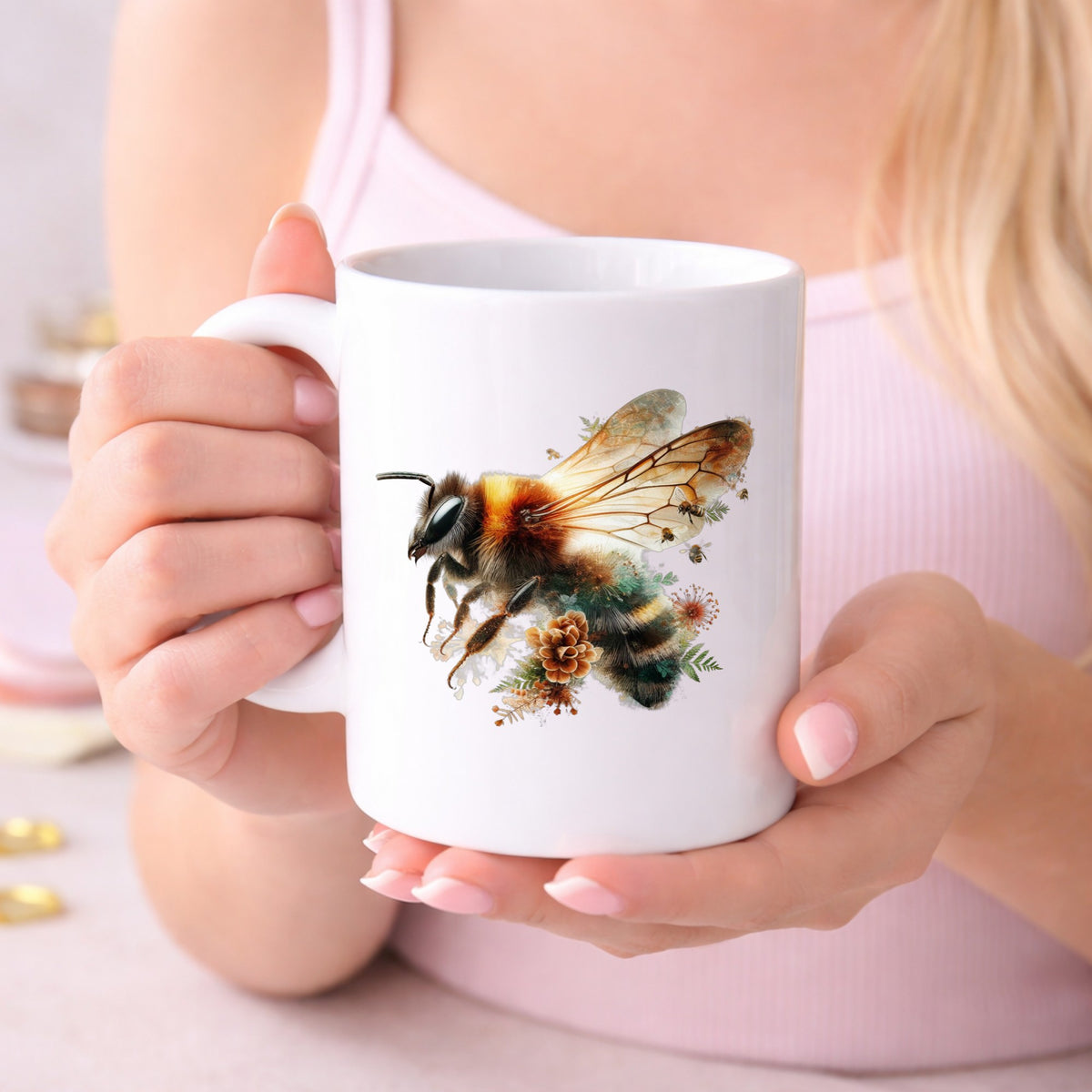 Pinecone Bumblebee UV DTF sticker applied to a white coffee mug held in both hands