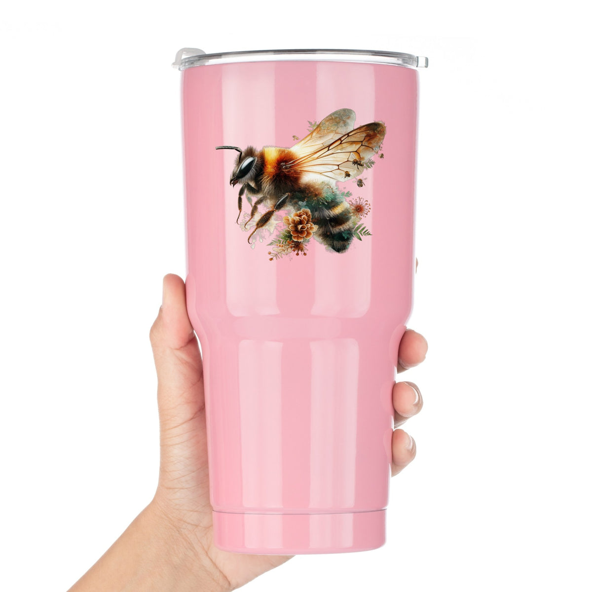 Pinecone Bumblebee UV DTF sticker applied to a pink tumbler held against a white background