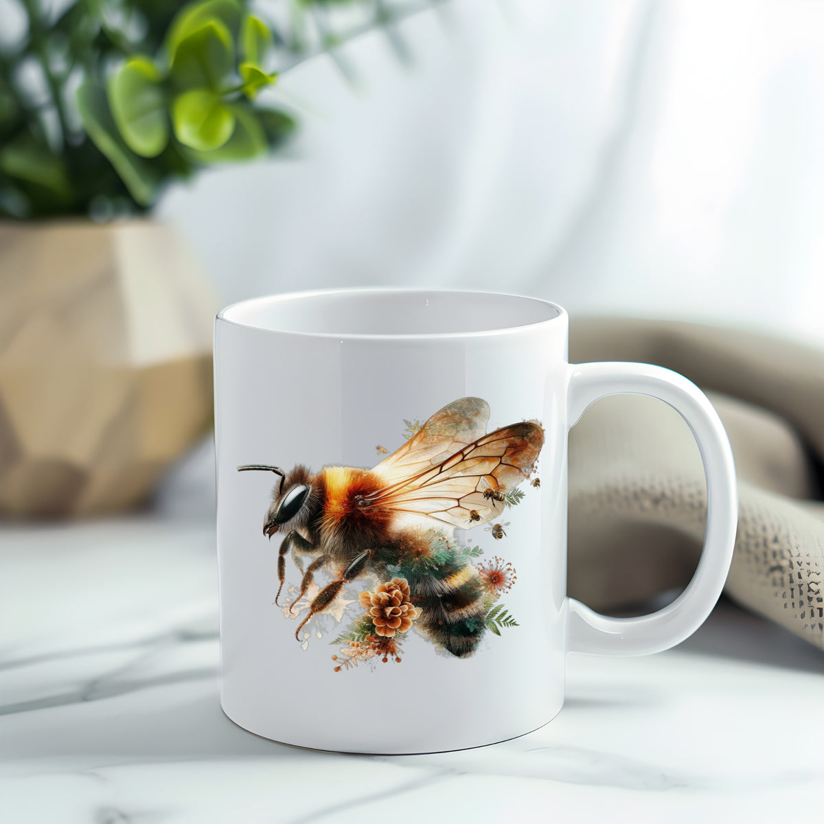 Pinecone Bumblebee UV DTF sticker applied to a white coffee mug