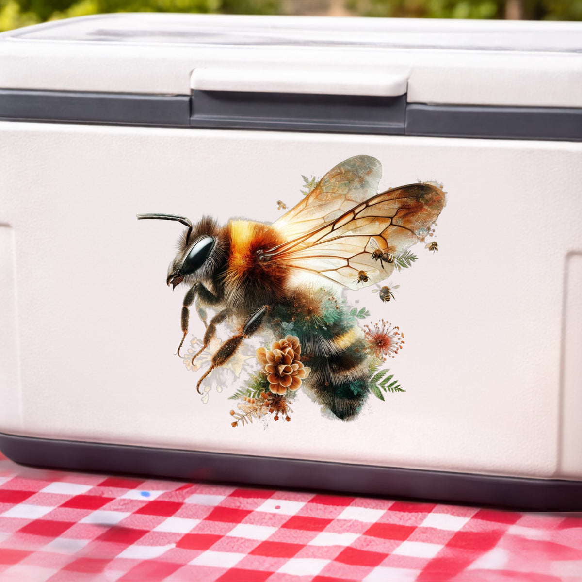 Pinecone Bumblebee UV DTF sticker applied to a white cooler on a red gingham cloth