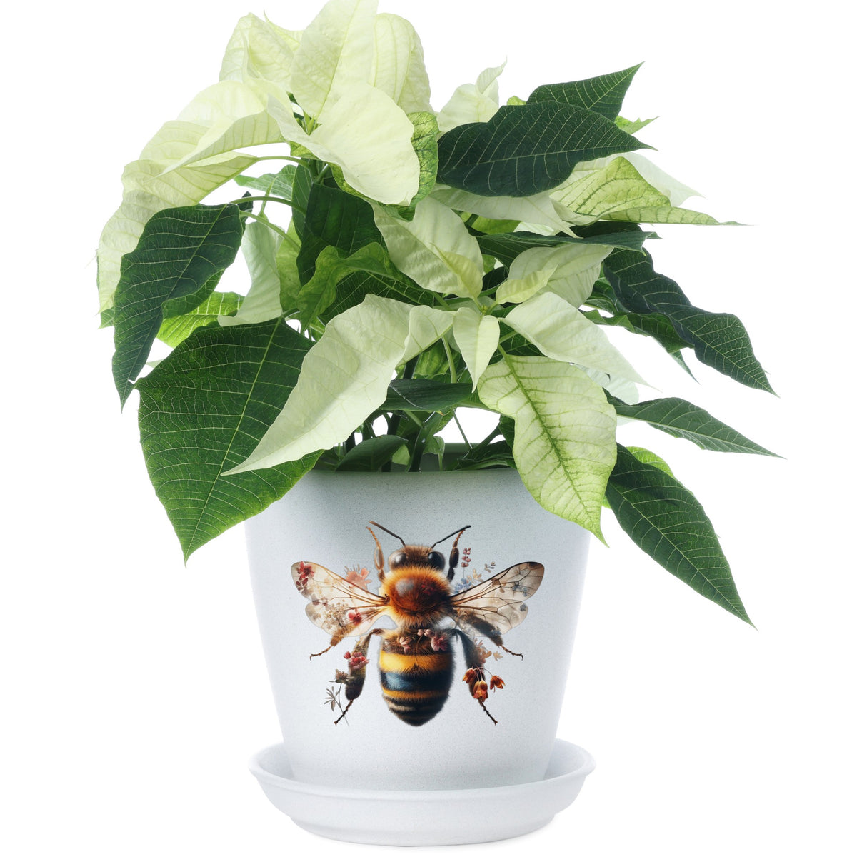 Pink Floral Bee UV DTF sticker applied to a white flower pot