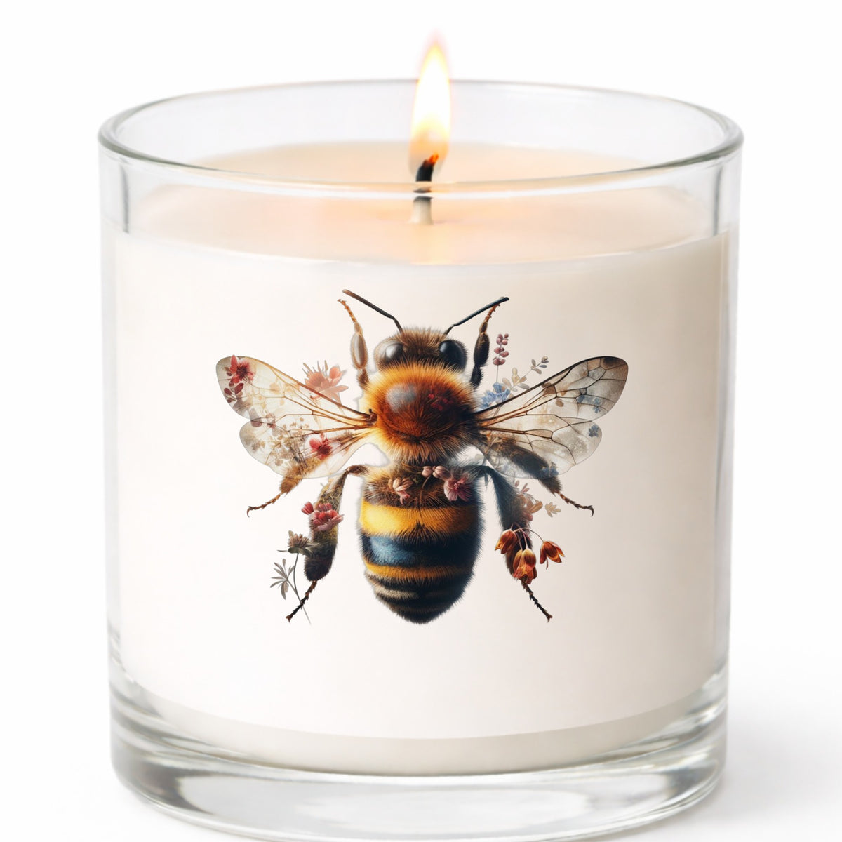 Pink Floral Bee UV DTF sticker applied to a white candle in a clear glass jar