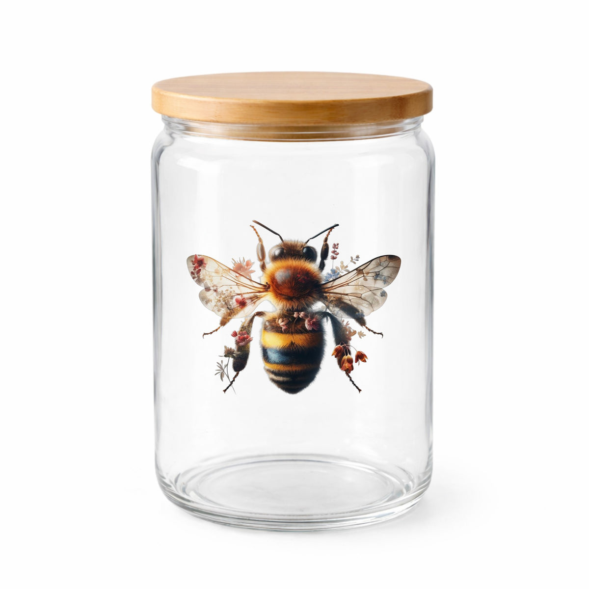 Pink Floral Bee UV DTF sticker applied to a clear glass jar with a wooden lid