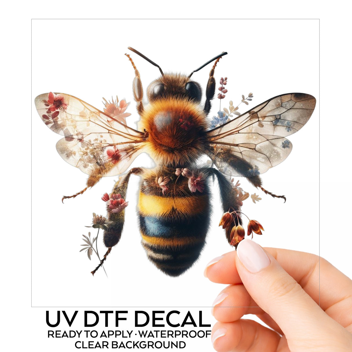 Pink Floral Bee UV DTF sticker on its backing card, held in hand