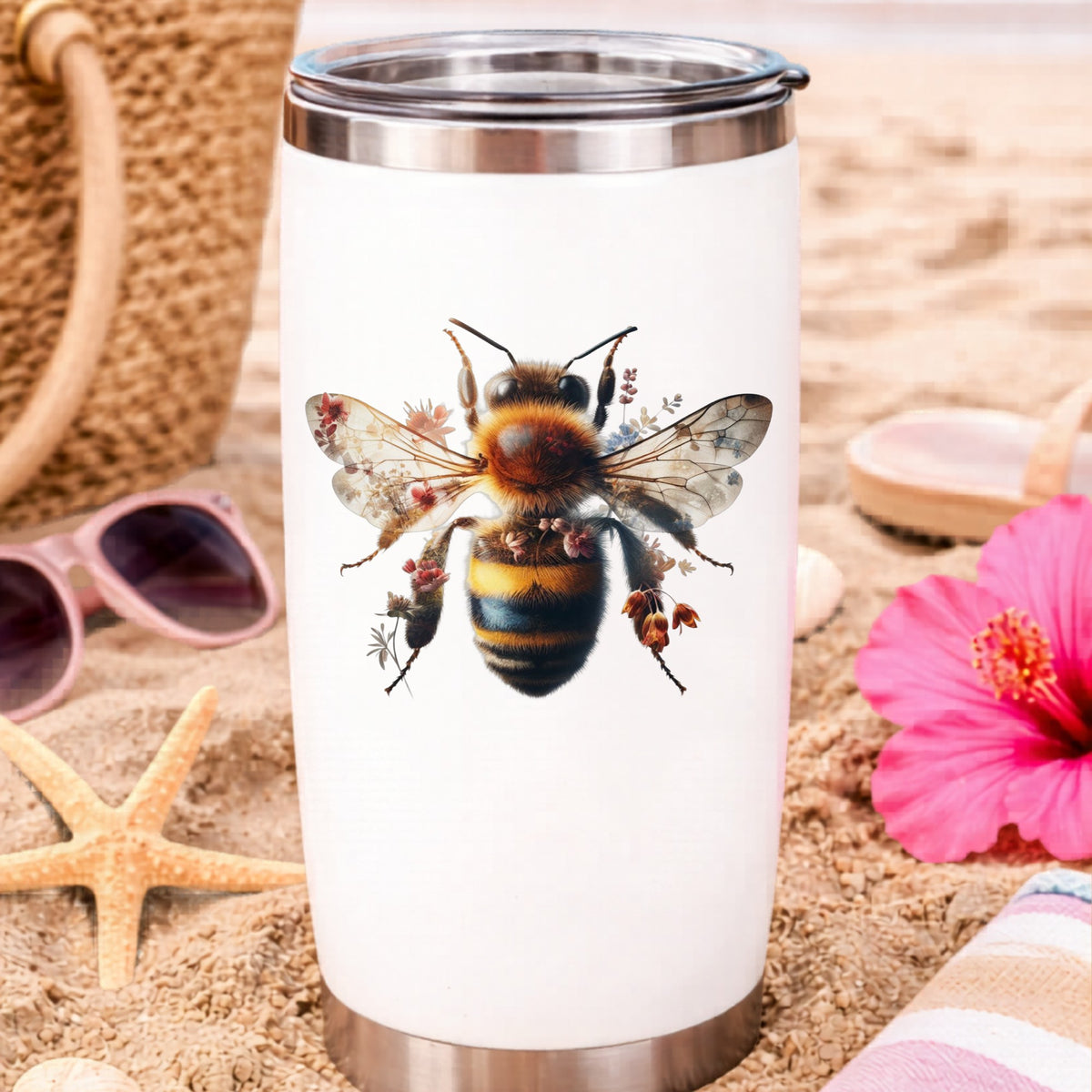Pink Floral Bee UV DTF sticker applied to a white travel tumbler on beach sand