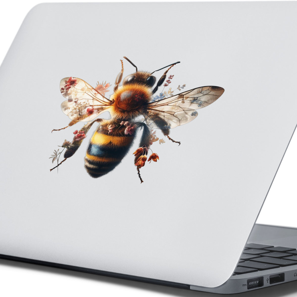 Pink Floral Bee UV DTF sticker applied to the lid of a silver laptop