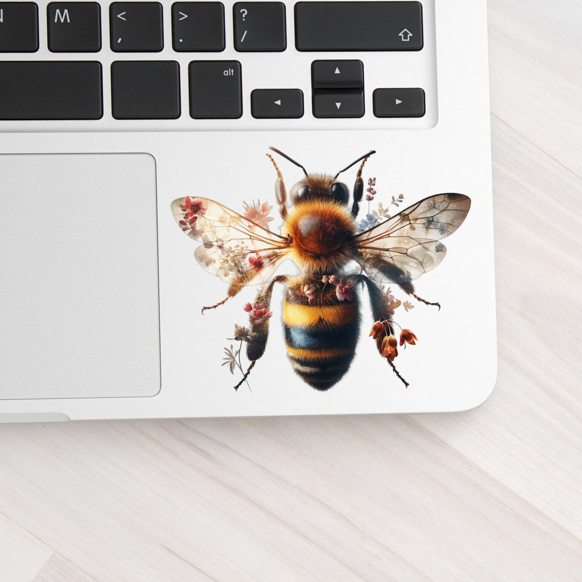 Pink Floral Bee UV DTF sticker applied to a silver laptop beside the keyboard