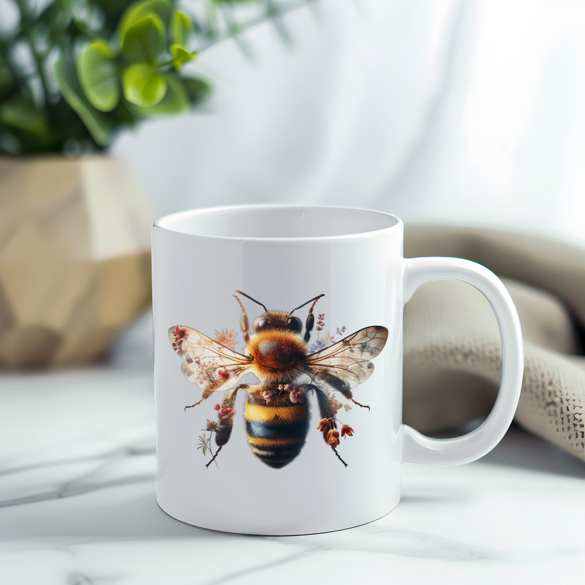 Pink Floral Bee UV DTF sticker applied to a white coffee mug