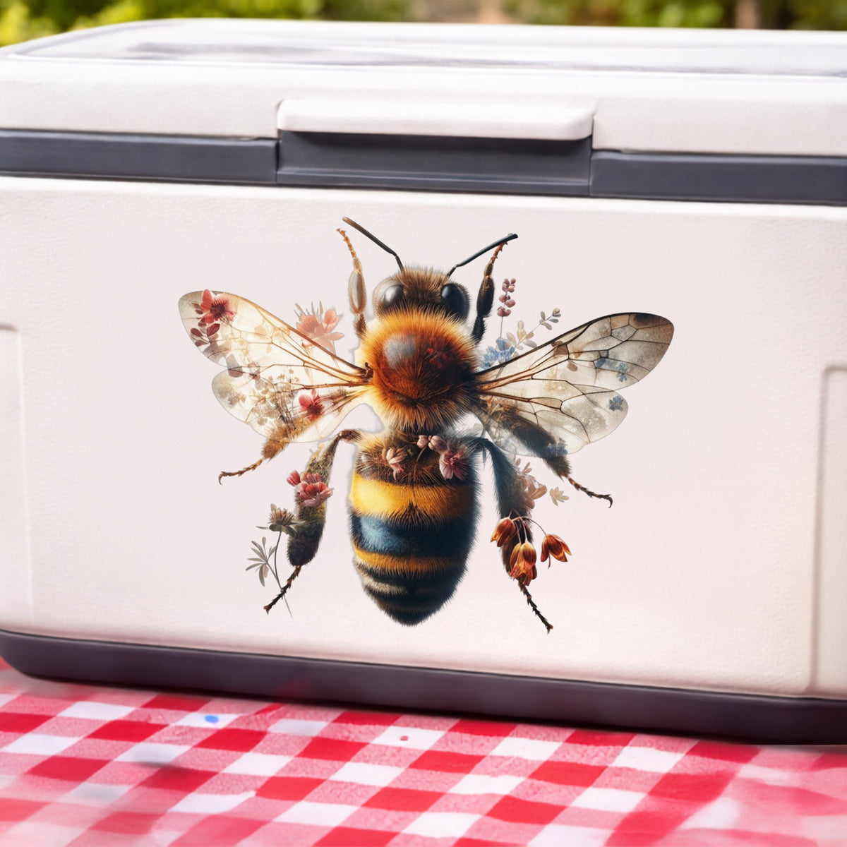 Pink Floral Bee UV DTF sticker applied to a white cooler on a red gingham cloth