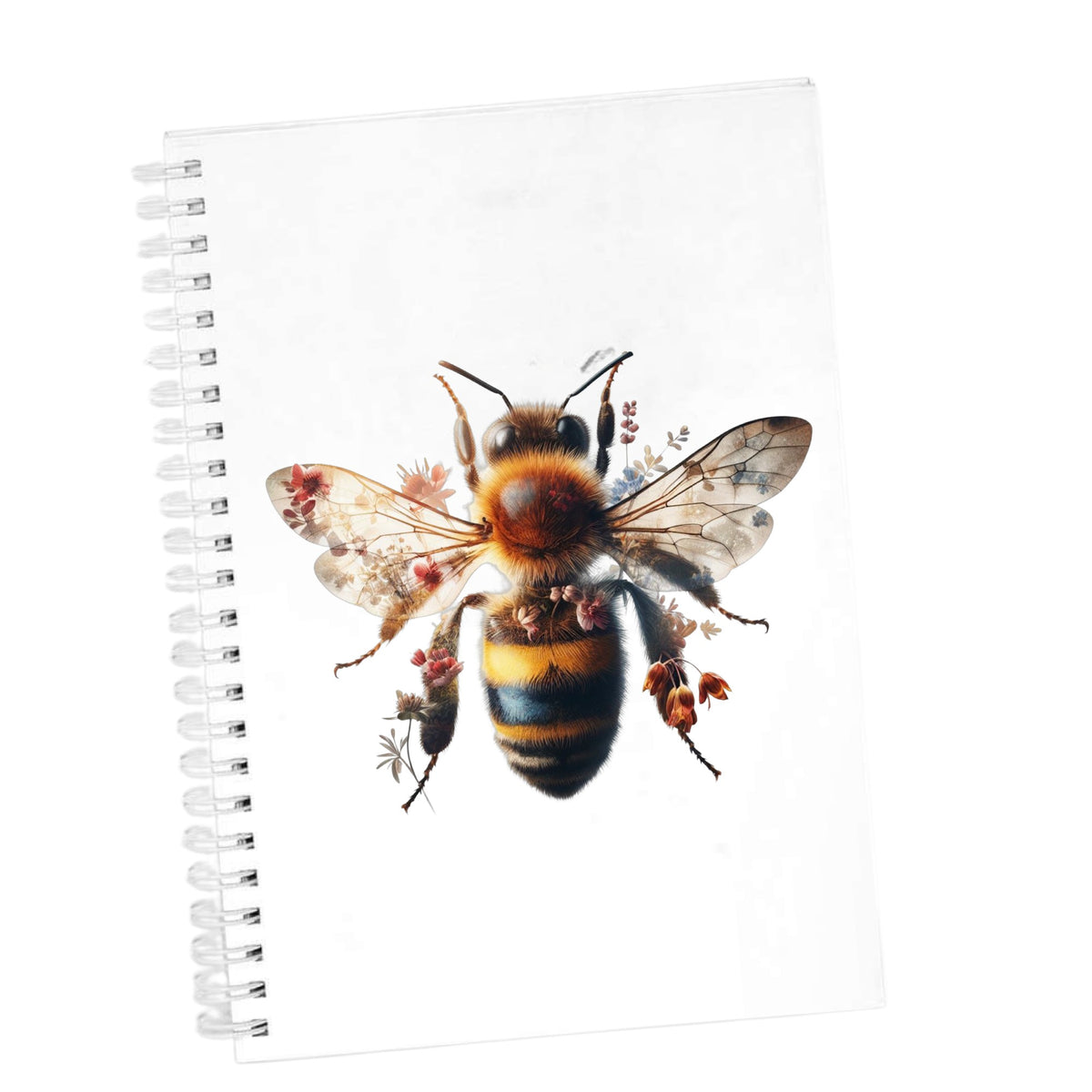 Pink Floral Bee UV DTF sticker applied to the cover of a white spiral journal