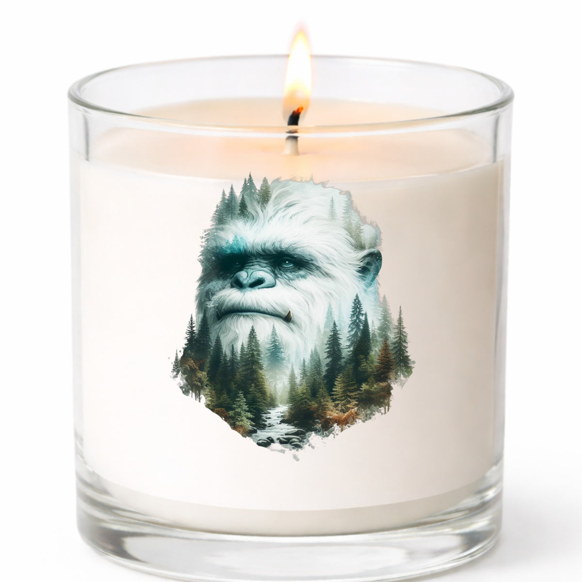 Bigfoot Face UV DTF sticker applied to a white candle in a clear glass jar