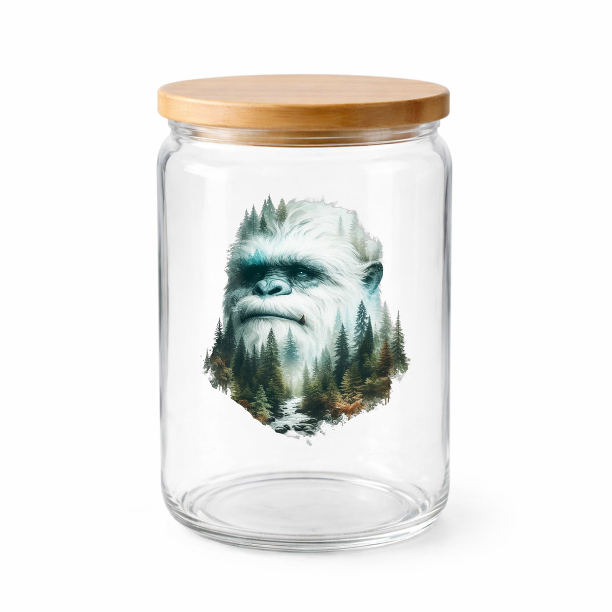 Bigfoot Face UV DTF sticker applied to a clear glass jar with a wooden lid