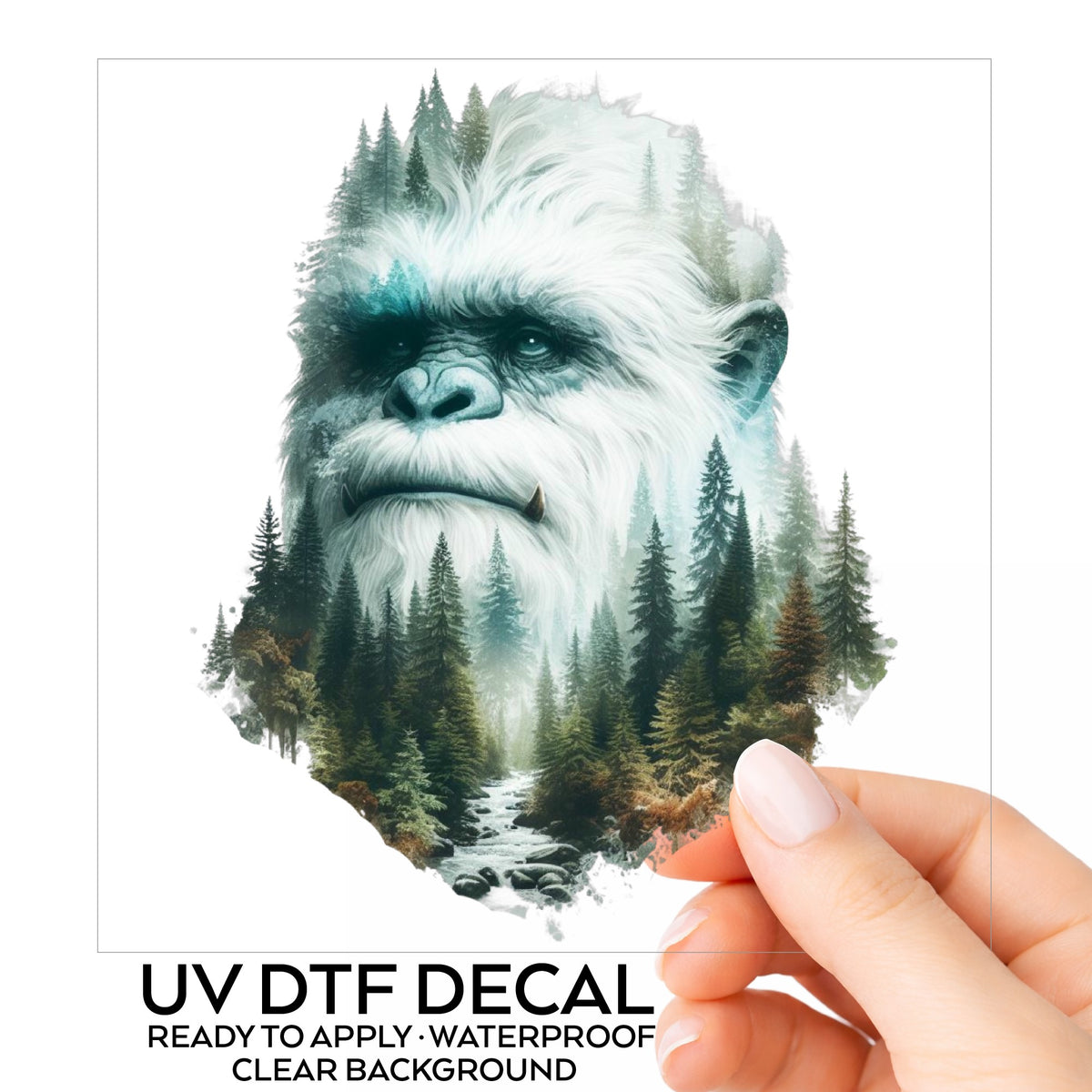 Bigfoot Face UV DTF sticker on its backing card, held in hand