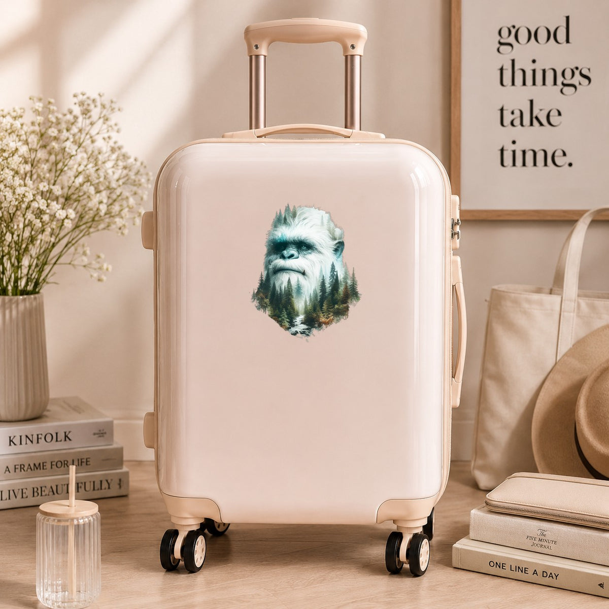 Bigfoot Face UV DTF sticker applied to a cream carry-on suitcase