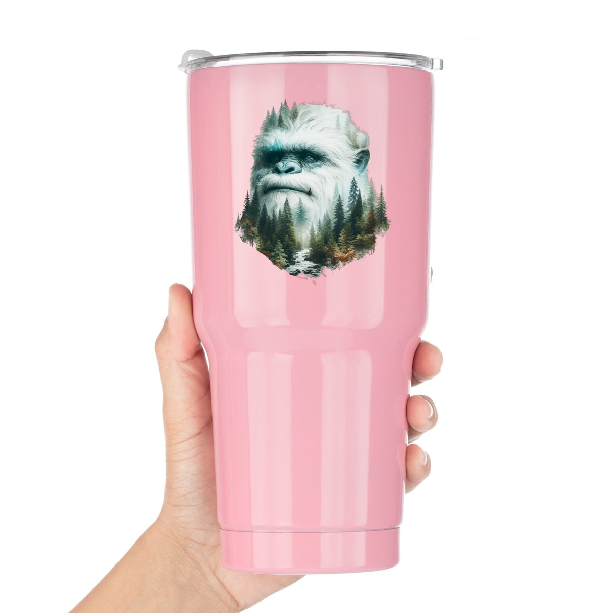 Bigfoot Face UV DTF sticker applied to a pink tumbler held against a white background