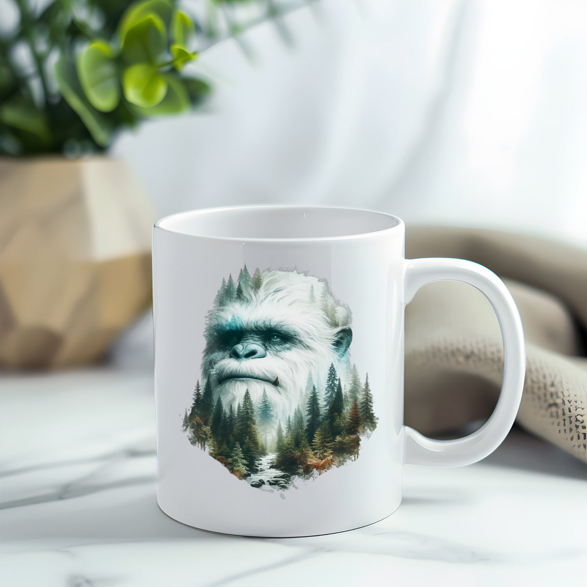 Bigfoot Face UV DTF sticker applied to a white coffee mug
